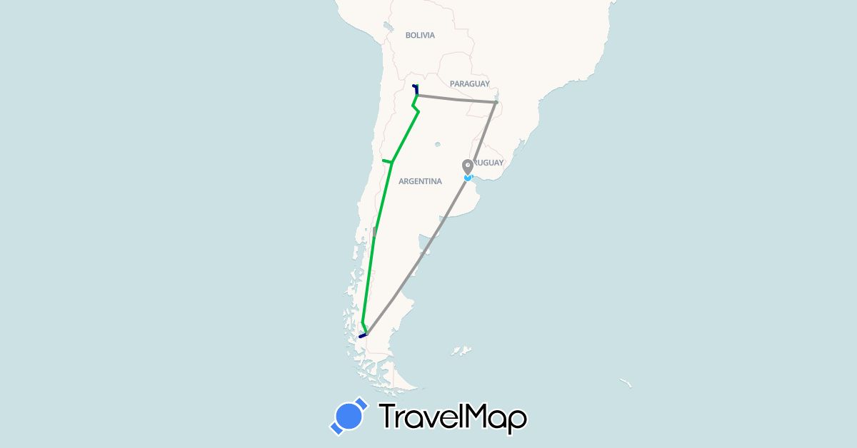 TravelMap itinerary: driving, bus, plane, boat in Argentina, Brazil, Uruguay (South America)